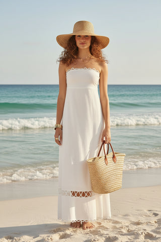 Strapless White Cotton Maxi-Dress