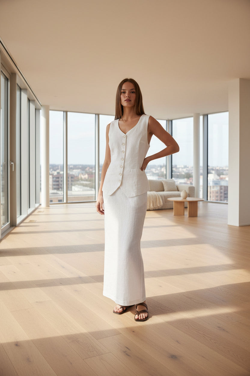 Mabel Linen Skirt - White: White / 14