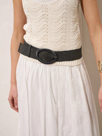 Woven Oval Buckle Straw Belt in Black