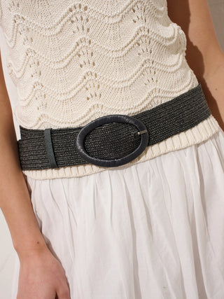 Woven Oval Buckle Straw Belt in Black