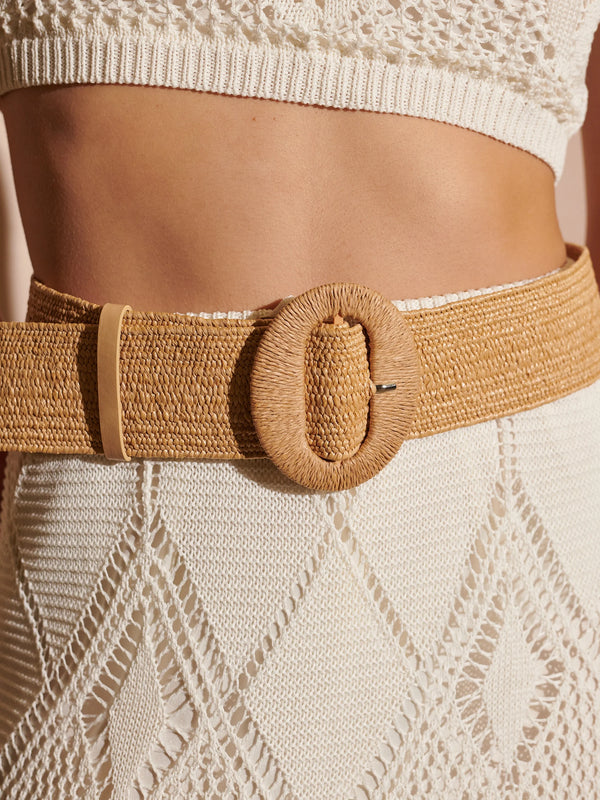 Alora Round Buckle Straw Belt in Tan